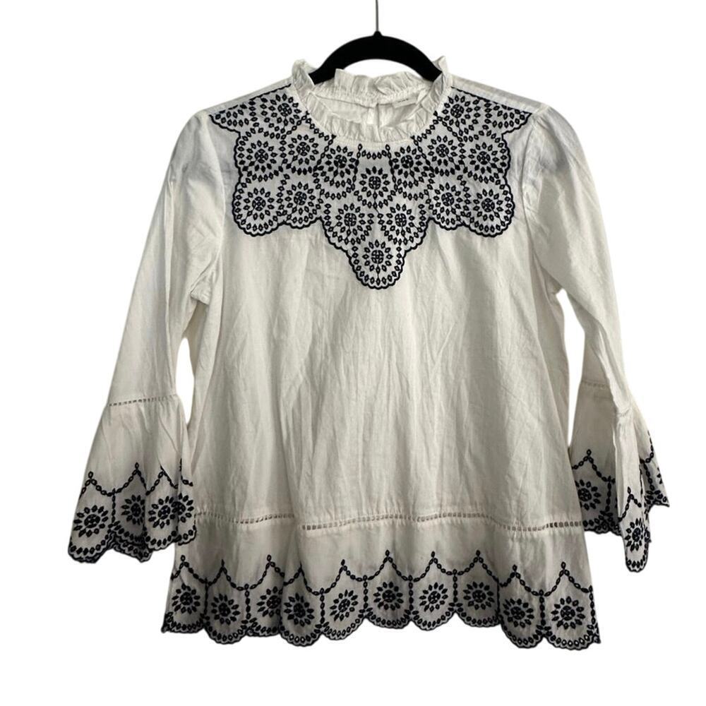 GAP Women's White Black Embroidered Flared Sleeves Ruffled Blouse Top Size S